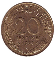 Монета 20 сантимов. 1990 год, Франция. Монета 20 сантимов. 1990 год, Франция.