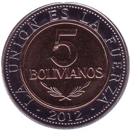 Монета 5 боливиано. 2012 год, Боливия. Монета 5 боливиано. 2012 год, Боливия.