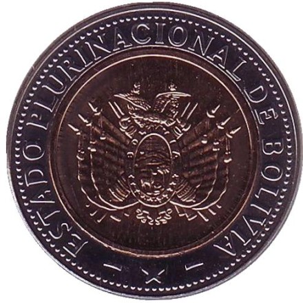 Монета 5 боливиано. 2012 год, Боливия. Монета 5 боливиано. 2012 год, Боливия.