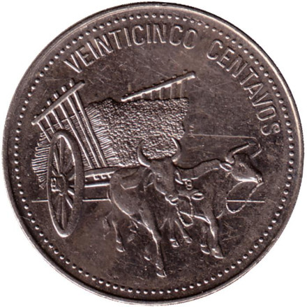 Монета 25 сентаво, 1990 год, Доминиканская Республика. Повозка, запряженная быками. Из обращения.