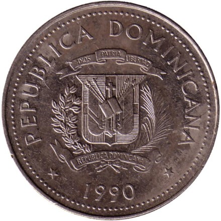 Монета 25 сентаво. 1990 год, Доминиканская Республика. Повозка, запряженная быками. Монета 25 сентаво. 1990 год, Доминиканская Республика. Повозка, запряженная быками.