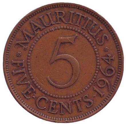 Монета 5 центов. 1964 год, Маврикий.