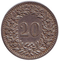 Монета 20 раппенов. 1908 год, Швейцария. Монета 20 раппенов. 1908 год, Швейцария.