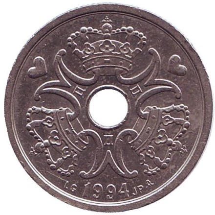 Монета 2 кроны. 1994 год, Дания. Монета 2 кроны. 1994 год, Дания.