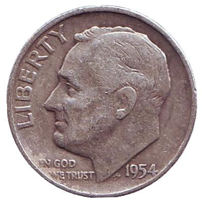 Монета 10 центов. 1954 год, США. Монетный двор D. Рузвельт.