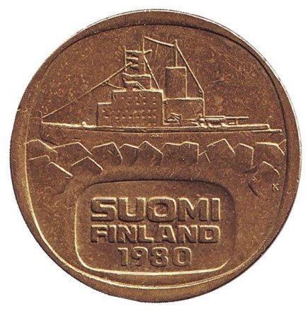 Монета 5 марок, 1980 год, Финляндия. Ледокол Урхо.