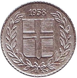 Монета 10 аураров. 1958 год, Исландия.