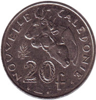 Монета 20 франков. 2001 год, Новая Каледония. Быки. Монета 20 франков. 2001 год, Новая Каледония. Быки.