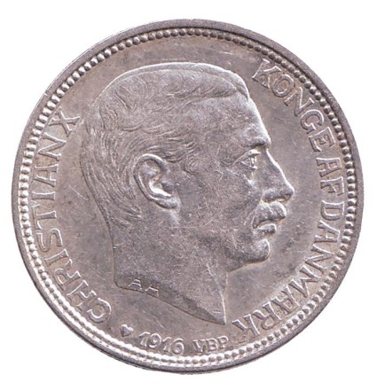 Монета 2 кроны. 1916 год, Дания. Король Кристиан X.