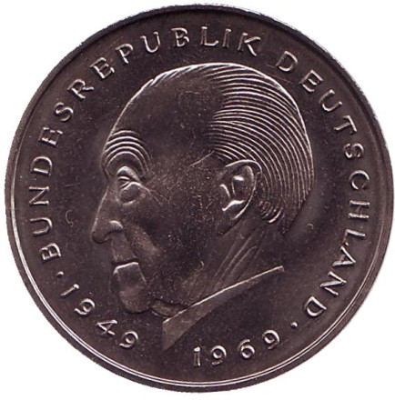 Монета 2 марки. 1980 год (D), ФРГ. UNC. Конрад Аденауэр.