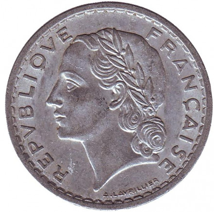 Монета 5 франков. 1949 В год, Франция.