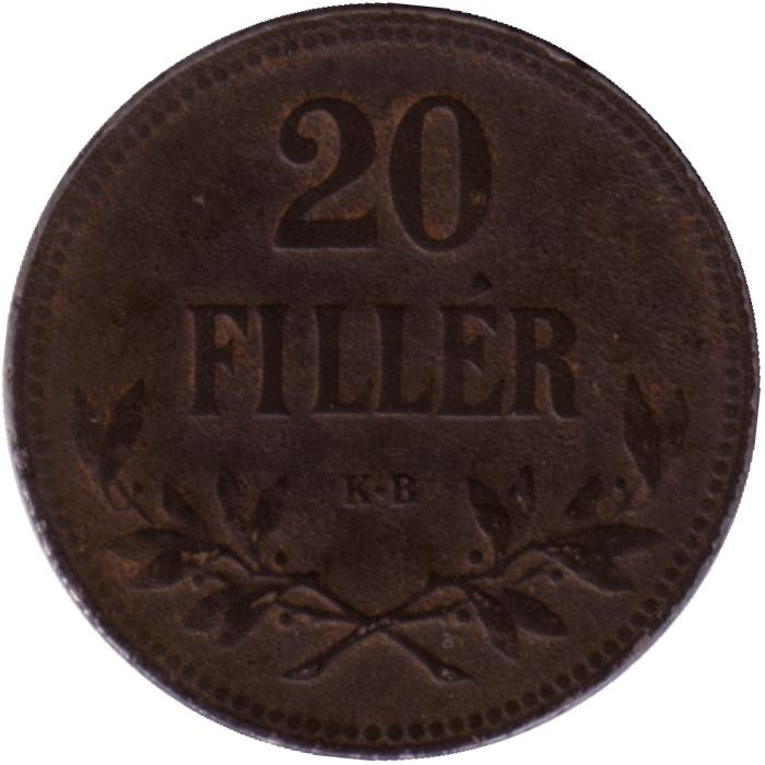 Монета 20 филлеров. 1917 год, Австро-Венгерская империя. Цена 320 руб.