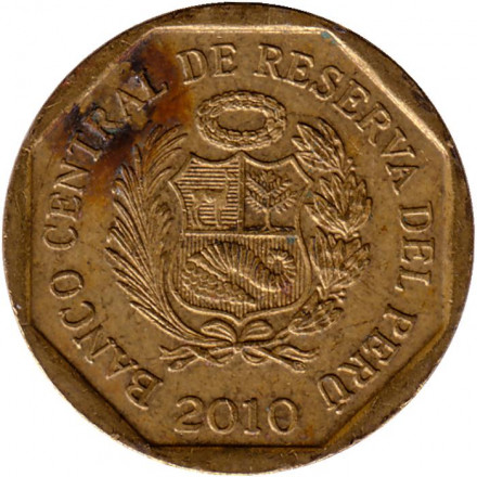 Монета 20 сентимов. 2010 год, Перу. Монета 20 сентимов. 2010 год, Перу.
