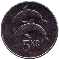Монета 5 крон. 2008 год, Исландия. Дельфины. Монета 5 крон. 2008 год, Исландия. Дельфины.