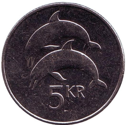 Монета 5 крон. 2008 год, Исландия. Дельфины.