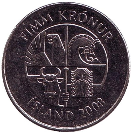 Монета 5 крон. 2008 год, Исландия. Дельфины. Монета 5 крон. 2008 год, Исландия. Дельфины.