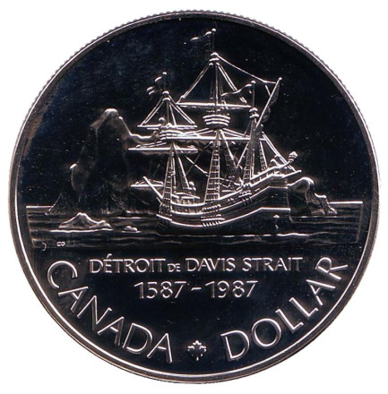 Монета 1 доллар. 1987 год, Канада. BU. 400 лет открытию пролива Дейвиса.