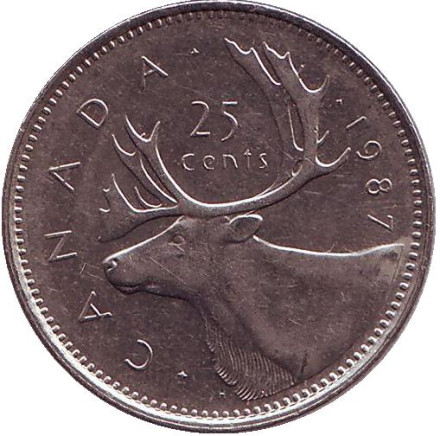 Монета 25 центов. 1987 год, Канада. Канадский олень (Карибу).