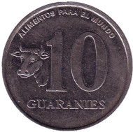 Монета 10 гуарани. 1988 год, Парагвай. Бык.