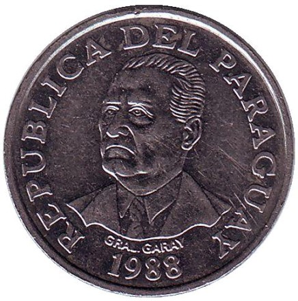 Монета 10 гуарани. 1988 год, Парагвай. Бык.