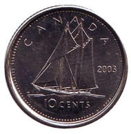 Монета 10 центов. 2003 год, Канада. (Старый тип). Парусник. Монета 10 центов. 2003 год, Канада. (Старый тип). Парусник.