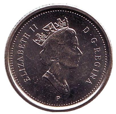 Монета 10 центов. 2003 год, Канада. (Старый тип). Парусник. Монета 10 центов. 2003 год, Канада. (Старый тип). Парусник.