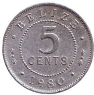 Монета 5 центов. 1980 год, Белиз. Монета 5 центов. 1980 год, Белиз.
