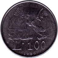 Монета 100 лир. 1989 год, Сан-Марино. Шестнадцать веков истории. Монета 100 лир. 1989 год, Сан-Марино. Шестнадцать веков истории.