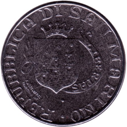 Монета 100 лир. 1989 год, Сан-Марино. Шестнадцать веков истории.