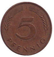 Монета 5 пфеннигов. 1980 год (J), ФРГ. Дубовые листья. Монета 5 пфеннигов. 1980 год (J), ФРГ. Дубовые листья.
