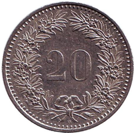 Монета 20 раппенов. 2000 год, Швейцария.