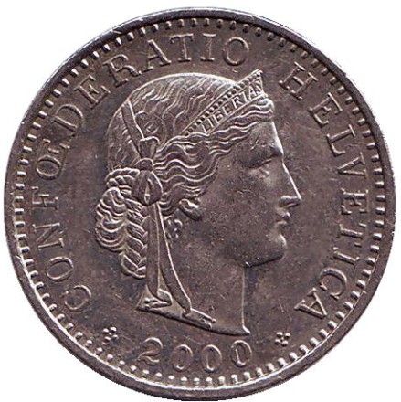 Монета 20 раппенов. 2000 год, Швейцария. Монета 20 раппенов. 2000 год, Швейцария.