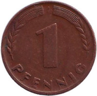 Дубовые листья. Монета 1 пфенниг. 1948 год (J), ФРГ.