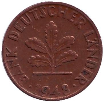 Монета 1 пфенниг. 1948 год (J), ФРГ. Дубовые листья. Монета 1 пфенниг. 1948 год (J), ФРГ. Дубовые листья.