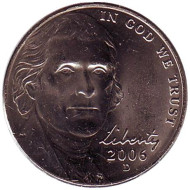 Монета 5 центов. 2006 год (D), США. UNC. Джефферсон. Монтичелло. Монета 5 центов. 2006 год (D), США. UNC. Джефферсон. Монтичелло.