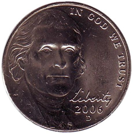 Монета 5 центов. 2006 год (D), США. UNC. Джефферсон. Монтичелло.