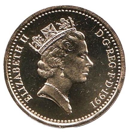 Монета 1 фунт. 1991 год, Великобритания. Растение льна и королевская диадема. BU.