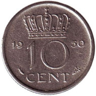 Монета 10 центов. 1950 год, Нидерланды. Монета 10 центов. 1950 год, Нидерланды.