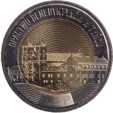 Монета 5 злотых. 2024 год, Польша. Бенедиктинское аббатство в Тынце.