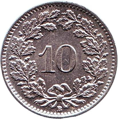 Монета 10 раппенов. 1921 год, Швейцария. XF.