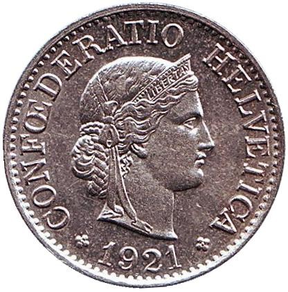 Монета 10 раппенов. 1921 год, Швейцария. XF. Монета 10 раппенов. 1921 год, Швейцария. XF.