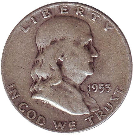 Монета 50 центов. 1953 год (D), США. Франклин.