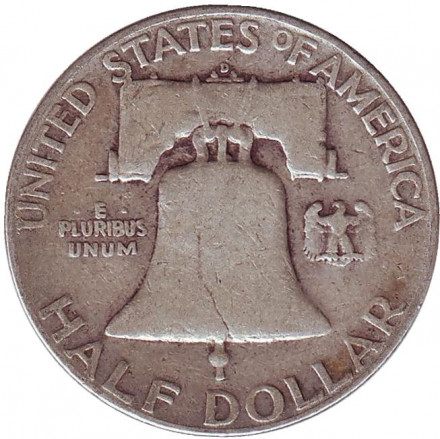 Монета 50 центов. 1953 год (D), США. Франклин. Монета 50 центов. 1953 год (D), США. Франклин.