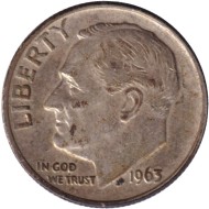 Монета 10 центов. 1963 год, США. Без обозначения монетного двора. Рузвельт. Монета 10 центов. 1963 год, США. Без обозначения монетного двора. Рузвельт.