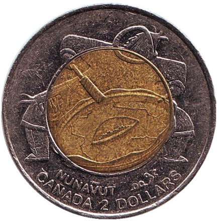 Монета 2 доллара. 1999 год, Канада. Из обращения. Основание Нунавута. Шаман.