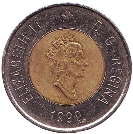 Монета 2 доллара. 1999 год, Канада. Из обращения. Основание Нунавута. Шаман. Монета 2 доллара. 1999 год, Канада. Из обращения. Основание Нунавута. Шаман.