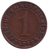 Монета 1 рейхспфенниг. 1928 год (D), Веймарская республика. Монета 1 рейхспфенниг. 1928 год (D), Веймарская республика.
