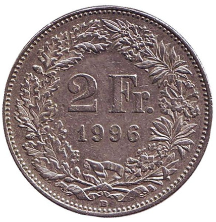 Монета 2 франка. 1996 год, Швейцария. Гельвеция.