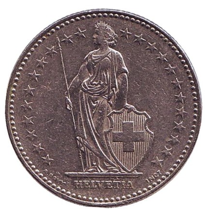 Монета 2 франка. 1996 год, Швейцария. Гельвеция. Монета 2 франка. 1996 год, Швейцария. Гельвеция.