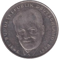 Монета 2 марки. 1994 год (F), ФРГ. Вилли Брандт. Монета 2 марки. 1994 год (F), ФРГ. Вилли Брандт.